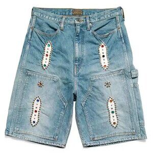 KAPITAL KOUNTRY - Retro Distressed Loose Rivet-Inlaid Gemstone Denim Shorts